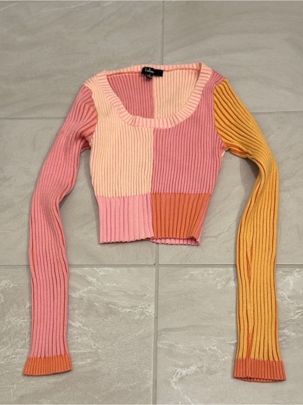 Lulu's Pink Peach Orange Colorblock Ribbed Crop Top